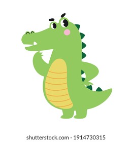 Cute Pensive Crocodile, Funny Alligator Predator Green Animal Character Cartoon Style Vector Illustration