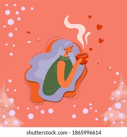 A cute pensive girl lush hair holding a red cup with hearts and drinking coffee. Vector isolated illustration in flat style.