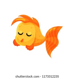Cute pensive goldfish with closed eyes, funny fish cartoon character vector Illustration on a white background