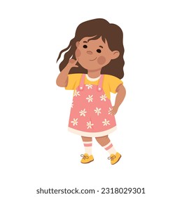 Cute pensive little girl solving problem. Thoughtful brunette girl dressed yellow t-shirt and pink sundress thought cartoon vector illustration