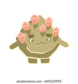 Cute pensive stone with pink crystals. Cartoon emotions character vector Illustration