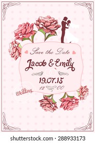 Cute peony and couple wedding invitation set design. Template Vector response card save the date card. Save the Date Invitation Card Design. Vector illustration for wedding with flower and frame. 