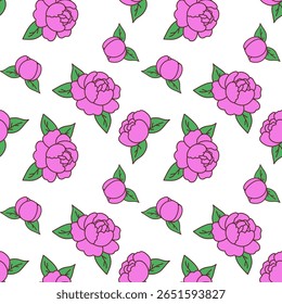 Cute Peony Flower Seamless Pattern on White Background