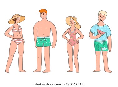 Cute People Beach set. Women in Swimsuits and sun hat and man with swimming trunks with watermelon. Isolated male and female Character on summer vacation. Vector illustration
