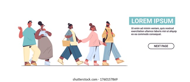 gente linda con ropa de moda casual sujetando las manos mezclar hombres de raza mujeres pasar tiempo juntos largo horizontal copiar espacio ilustración vectorial