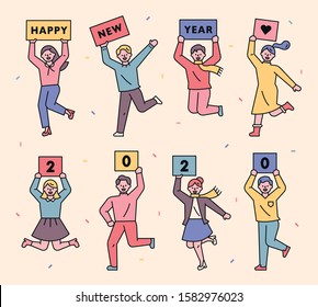 Cute people characters are jumping and holding message cards. flat design style minimal vector illustration.