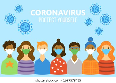 Cute people characters in medical face masks. Coronavirus COVID-19 outbreak concept. Childish print for banners and posters. Vector illustration