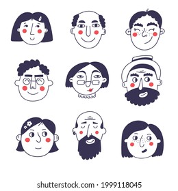 Cute people charcters faces portraits vector set