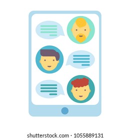 Cute people chatting business, education concept. Men speak in phone. People in smartphone are negotiating. Modern flat style vector illustration. 
Isolated on white. Online meeting or discusion. 