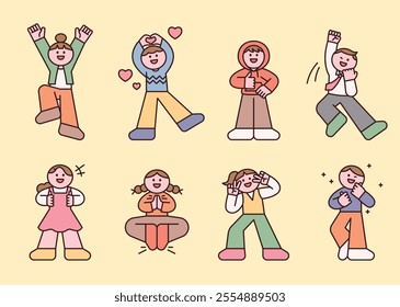 Cute people cheering with their whole bodies. Gestures like hand hearts and thumbs up. outline simple vector illustration.