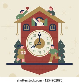 Cute people with cuckoo clock concept illustration. flat design vector graphic style.