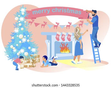 Cute People Decorating Christmas Tree with Balls and Garlands. Happy Family of Mother, Father and Two Little Sons Preparing for Holiday Celebration, Fireplace in Room. Cartoon Flat Vector Illustration