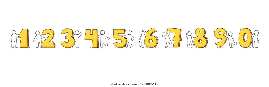 Cute people with doodle numbers, math characters. Yellow figures from zero to 9, typography signs. Vector hand drawn illustration of numeric symbols set for school education