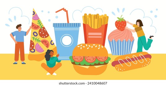 Cute people eat fast food. Cartoon flat men and women with large pizza, burger, hot dog and cupcake, unhealthy products, vector illustration.eps

