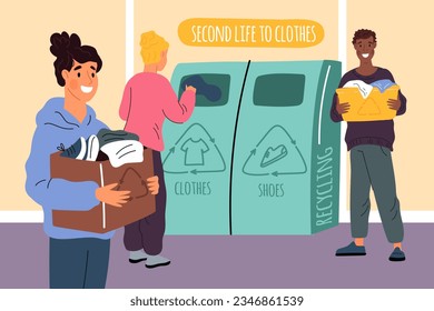 Cute people hand over old clothes for recycling. Secondhand containers. Volunteers charity donate. Men and women share things. Eco boxes for textile. Garment reuse
