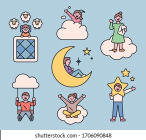 Cute people have various fantastic experiences in their dreams. flat design style minimal vector illustration.