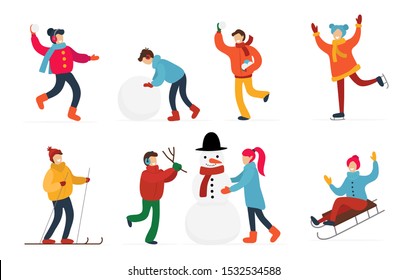 Cute people having fun and doing winter activities set vector illustration. Collection consisting of person making snowman, playing snowballs, sledding, skating, skiing. Happy holidays concept