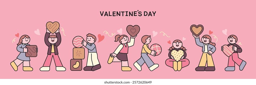 Cute people having fun holding big Valentine's Day chocolates in their hands. Valentine's Day banner.