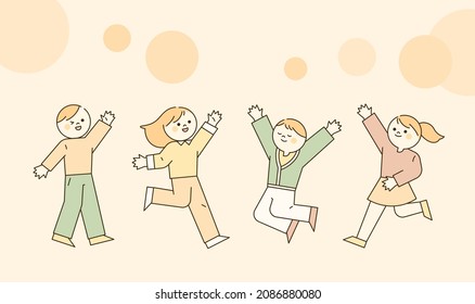 Cute people are jumping happily. flat design style vector illustration.