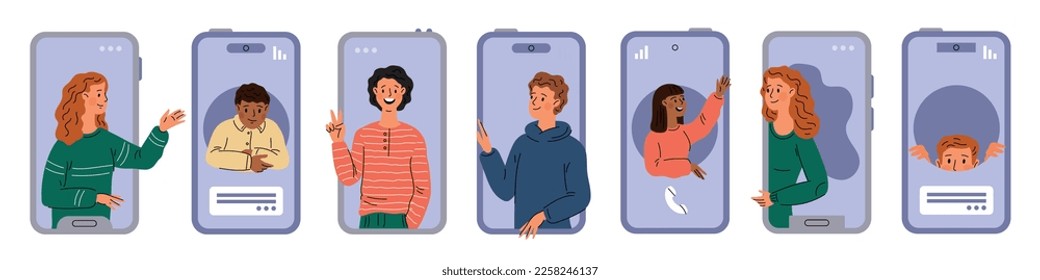 Cute people on phones screens. Smartphones with looking out happy characters. Guys and girls in cellphones. Video call. Digital communication. Online messenger. Garish