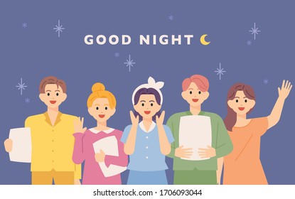 Cute people in pajamas say good night. flat design style minimal vector illustration.