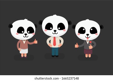 Personas cortas con cabeza de panda: ilustración vectorial