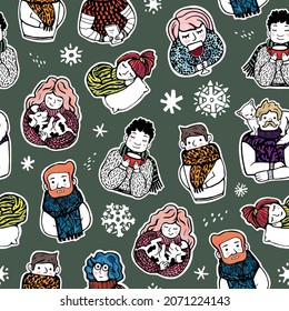 Gente y mascotas con elementos navideños. Patrón verde divertido de invierno sin soldadura para envolver papel, fondo, postales u otro diseño. Aislado.