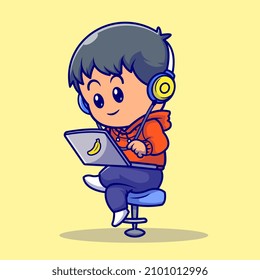 Cute People Playing Laptop Cartoon Vector Icon Illustration. People Technology Icon Concept Isolated Premium Vector. Flat Cartoon Style