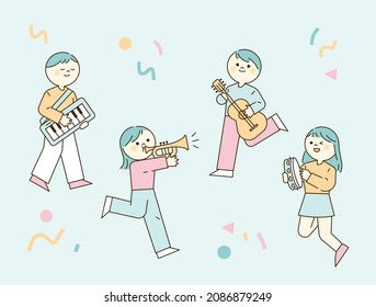 Cute people are playing musical instruments. Keyboard, guitar, trumpet, tambourine. flat design style vector illustration.