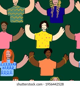 Cute people race different person doodle colored pastel abstraction seamless pattern. Suitable for textiles, packaging, wallpaper, etc. Objects isolated on background. Vector illustration.