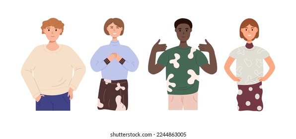 Cute people set in trendy closes. Happy young man and woman smiling. Modern character in trendy style. Flat vector illustrations isolated on white background