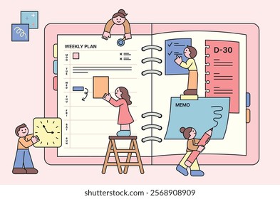 Cute people are spreading out giant diaries and making plans. They are sticking notes and managing their to-dos. outline character vector illustration.