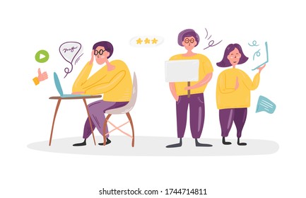 Cute people study set. Students studying and preparing for examination. Vector illustration concept. Scandinavian nordic design for fashion or interior or cover or textile or background. 