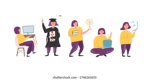 Cute people study set. Students studying and preparing for examination. Vector illustration concept. Scandinavian nordic design for fashion or interior or cover or textile or background. 