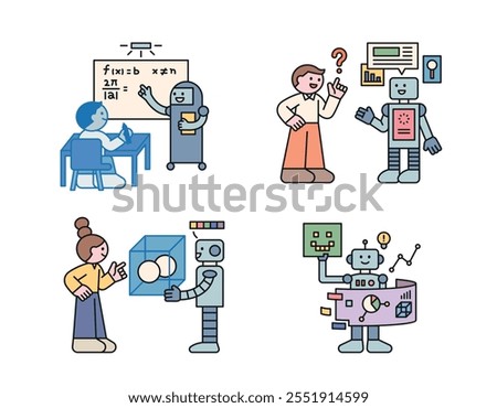 Cute people are studying, searching data, and visualizing samples with the help of robots. Cuttiny character with outline.