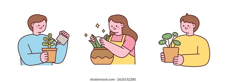Cute people taking care of houseplants, watering and enjoying indoor gardening. Flat cartoon style illustration.