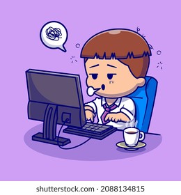 Cute People Tired Working On Computer Cartoon Vector Icon Illustration. People Technology Icon Concept Isolated Premium Vector. Flat Cartoon Style