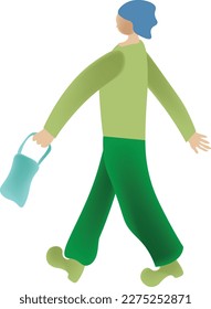 cute people walking gesture a man with green shirt walk and hold a blue bag