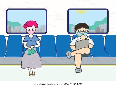Cute people are wearing mask in the train to prevent covid-19 with cityscape in flat vector illustration art design