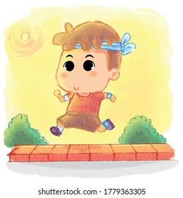 Cute People Young Man Boy Kids Doing Sport Activity With Running Watercolor. Suitable For Children Kids Book, Mascot, Character, Cards, Sticker, T-Shirt Design. Cartoon Illustration. Doodle. HandDrawn