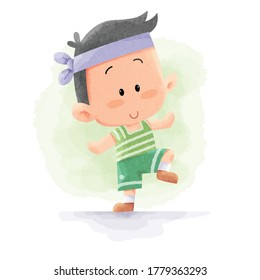 Cute People Young Man Kids Doing Sport Gym Fitness Yoga Activity With Stretching Watercolor. Suitable For Children Kids Book, Mascot, Character, Cards, Sticker, T-Shirt Design. Cartoon Illustration