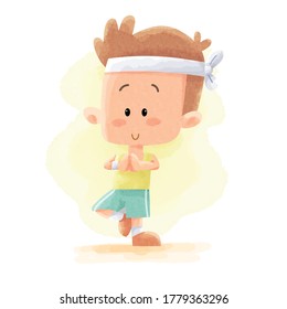 Cute People Young Man Kids Doing Sport Gym Fitness Yoga Activity With Stretching Watercolor. Suitable For Children Kids Book, Mascot, Character, Cards, Sticker, T-Shirt Design. Cartoon Illustration