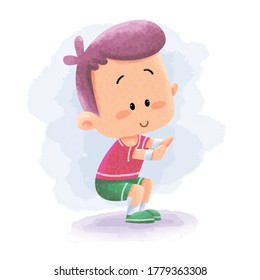 Cute People Young Man Kids Doing Sport Gym Fitness Yoga Activity With Stretching Watercolor. Suitable For Children Kids Book, Mascot, Character, Cards, Sticker, T-Shirt Design. Cartoon Illustration