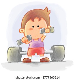 Cute People Young Man Kids Doing Sport Gym Fitness Activity With Lifting Dumbbells Watercolor. Suitable For Children Kids Book, Mascot, Character, Cards, Sticker, T-Shirt Design. Cartoon Illustration