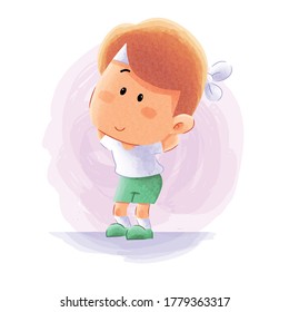 Cute People Young Man Kids Doing Sport Gym Fitness Yoga Activity With Stretching Watercolor. Suitable For Children Kids Book, Mascot, Character, Cards, Sticker, T-Shirt Design. Cartoon Illustration