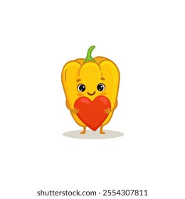 Cute pepper character with red heart. Vegetable illustration. Cartoon pepper in flat style. Food illustration for kids. Vector
