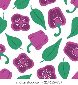 Cute pepper seamless pattern. Whole vegetables, slices and leaves. Flat vector hand drawn illustration in cartoon style