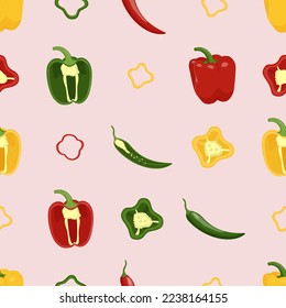 Cute peppers seamless pattern. Flat vector illustration