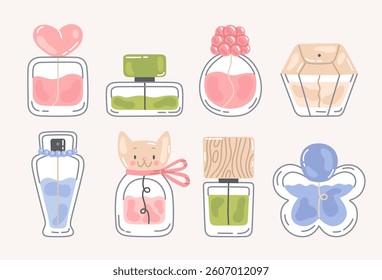 Cute perfumes set. Illustration of different cartoon fragrance bottles. Flat style images. Vector design elements