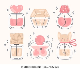 Cute perfumes set. Illustration of different cartoon fragrance bottles. Flat style images. Vector design elements